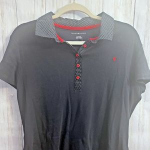 Tommy Hilfiger Long Polo Polka Dot Collar Navy Red Button XL Short Sleeve Cotton